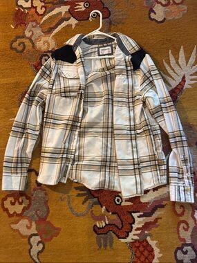 Sovereign Code Cream Plaid Utility Shacket with Black Shoulder Panels
